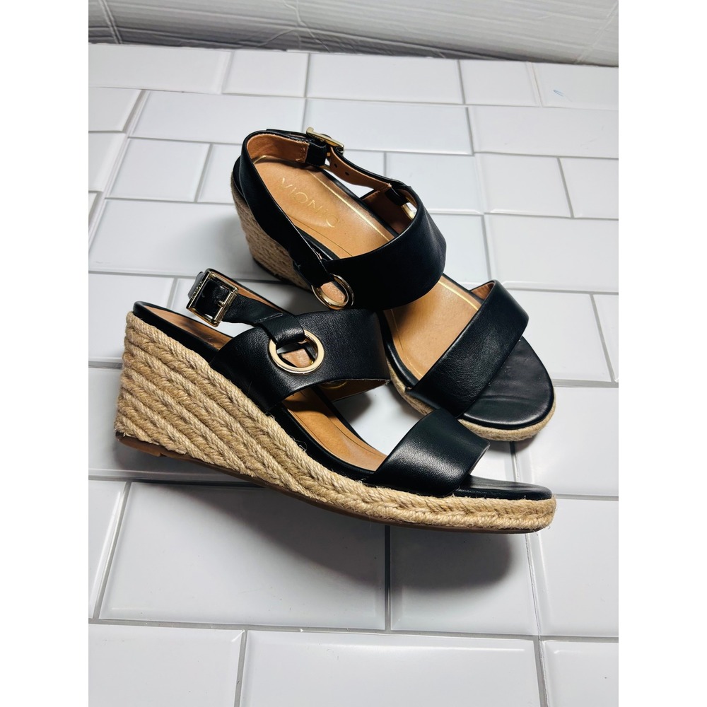 Vionic Tulum Vero Espadrilles Wedge Sandals Black Leather Jute Size 8 - Picture 4 of 13